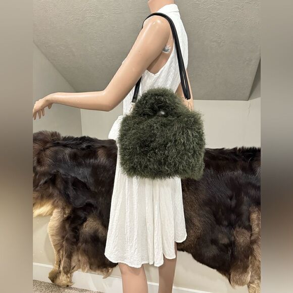 Olive Green Handmade Genuine Curly Shearling Top Handles Bag/Crossbody - Picture 2 of 16